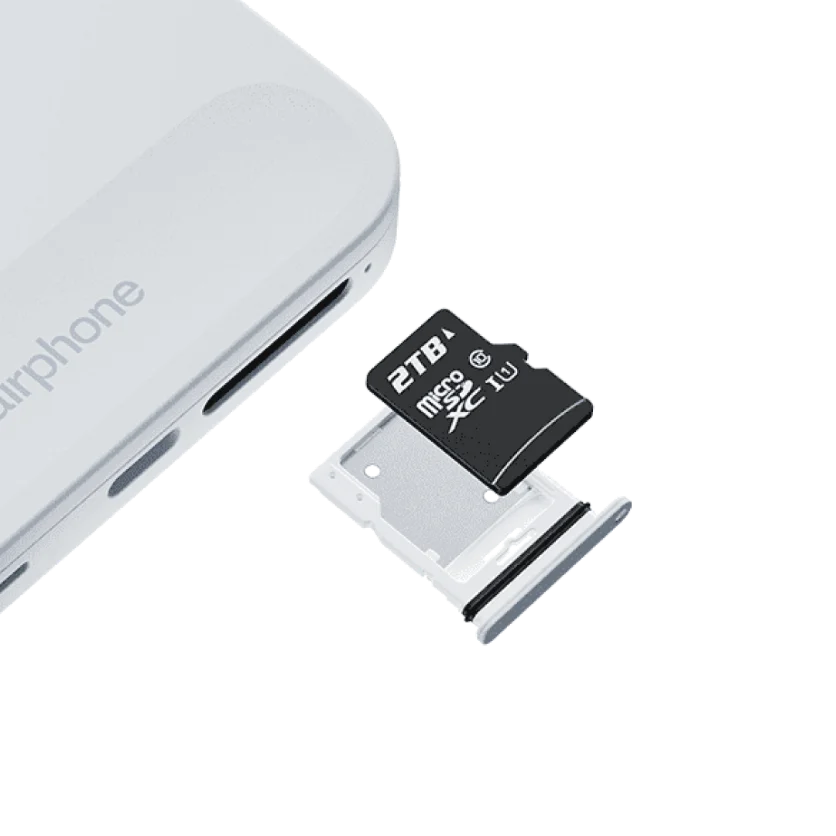 View of the Fairphone Gen. 6 SIM Tray, showcasing the possibility to insert a micro SD Card