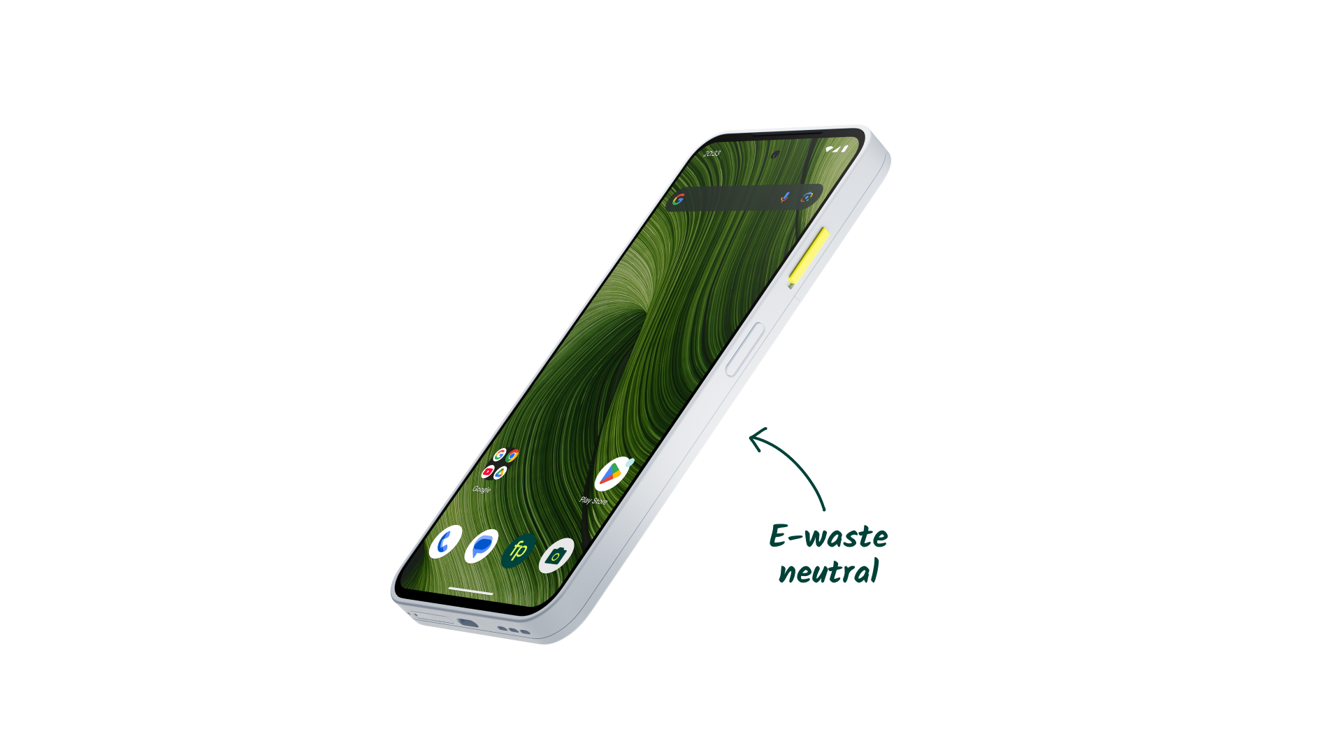 Fairphone Gen. 6 angled on black background with green‑screen display and arrow text ‘E‑waste neutral’ indicating sustainability impact