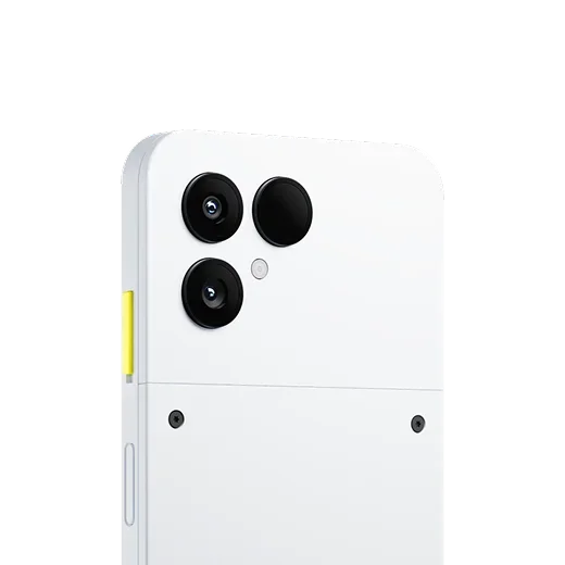 Rear view of the Fairphone 6 showing its triple camera module and clean cloud white back cover
